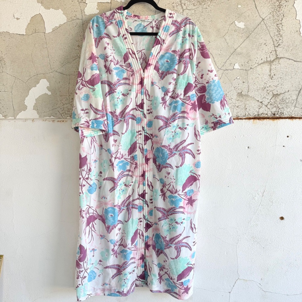 Vintage House Coat Floral MuuMuu Robe Zip Front Lounger Dress 70s Sears Womens L